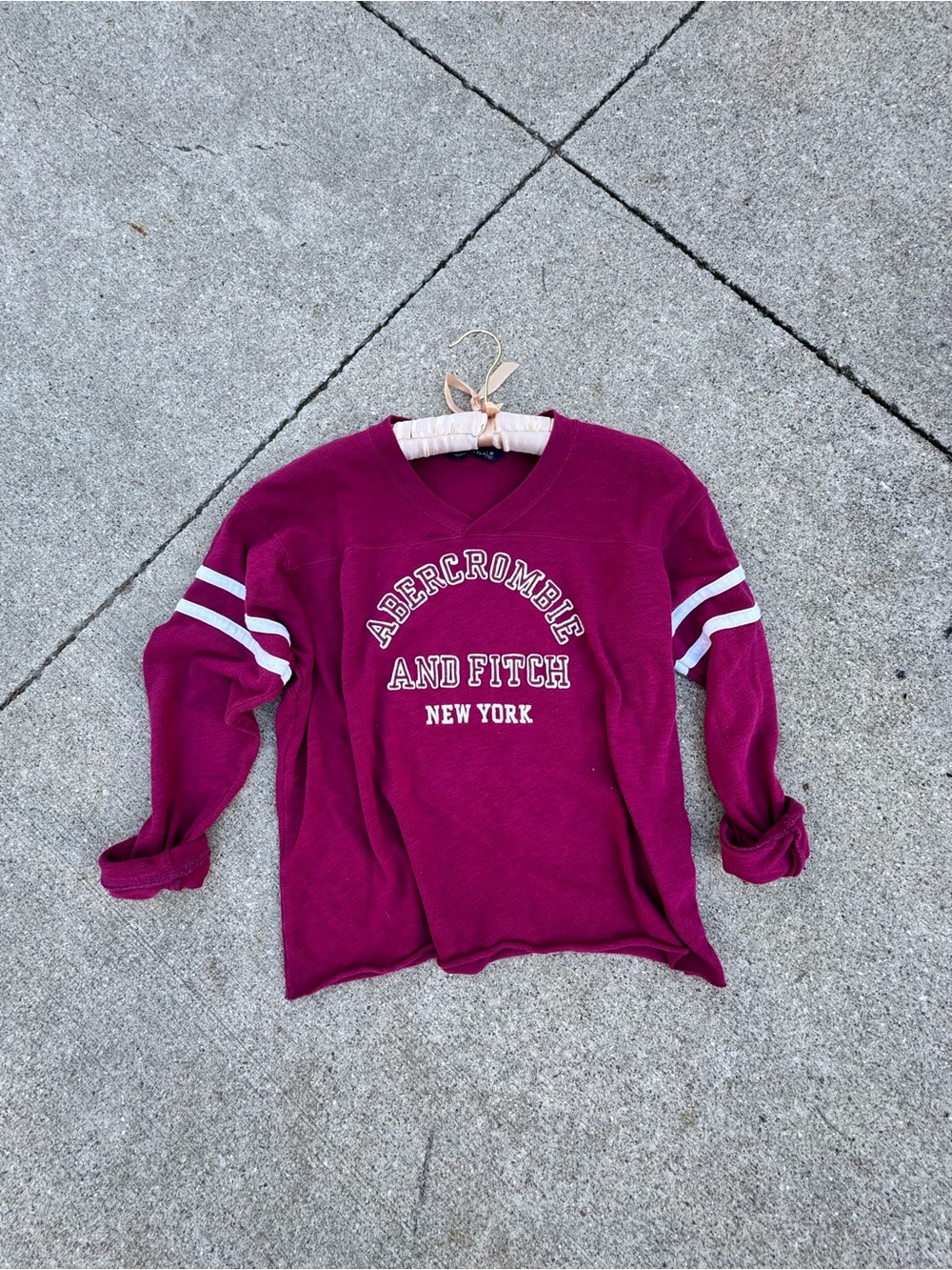 Abercrombie & Fitch Maroon V-Neck Sweatshirt with White Stripe Sleeves